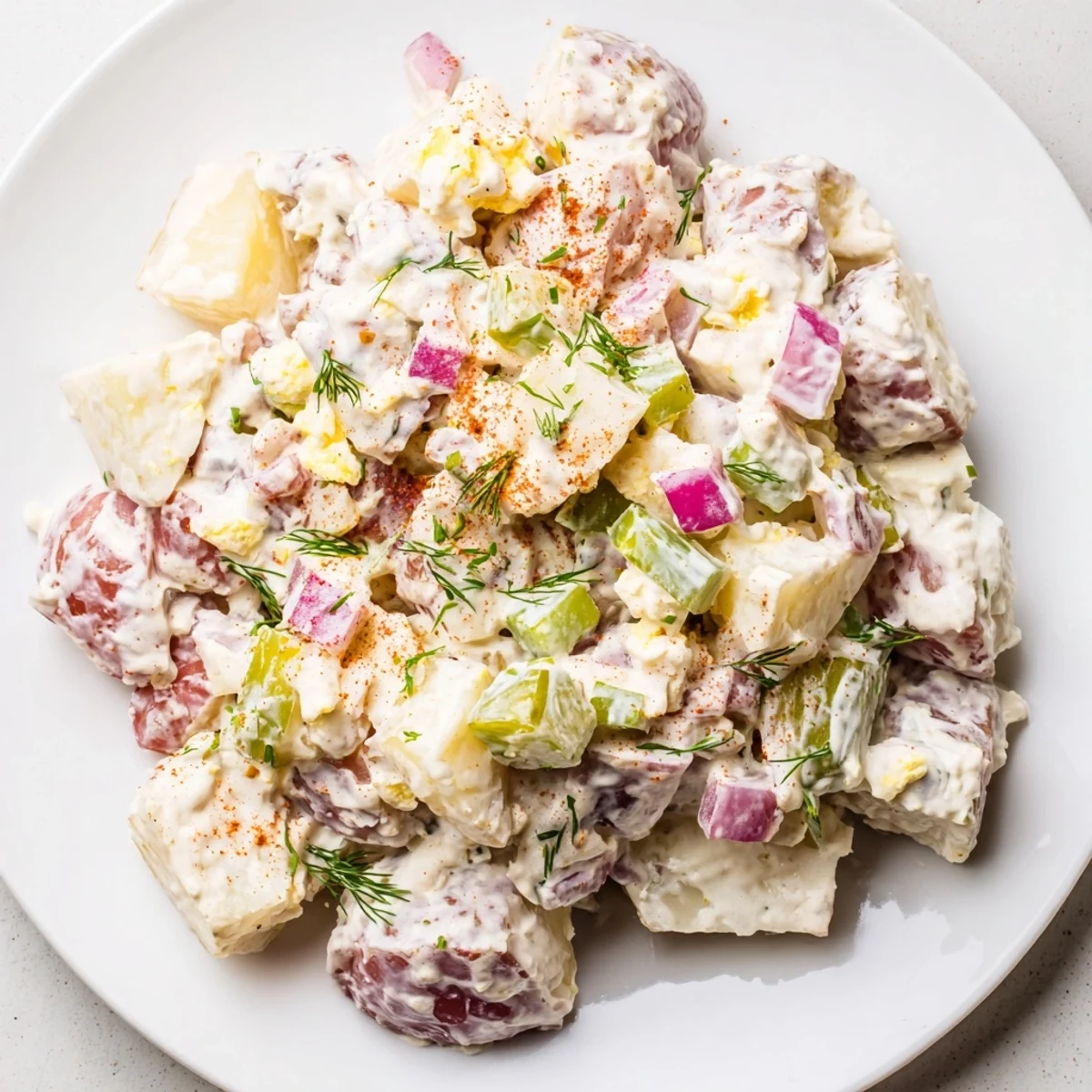 Steakhouse Potato Salad with crispy bacon, creamy dressing, beside grilled steak.