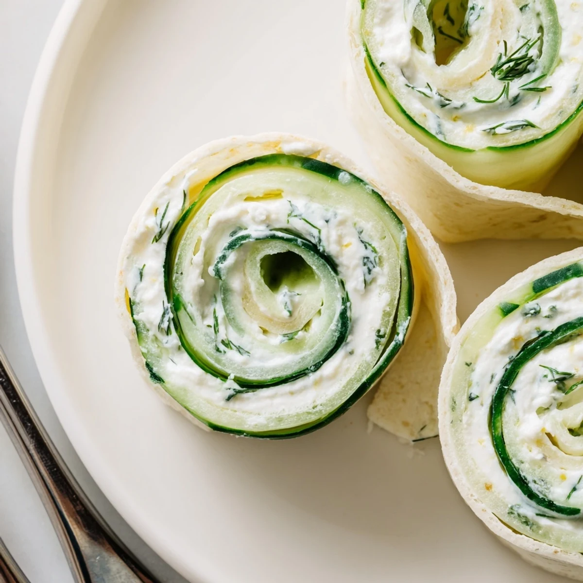 Cucumber And Dill Pinwheels on a platter, crisp cucumber and creamy filling.