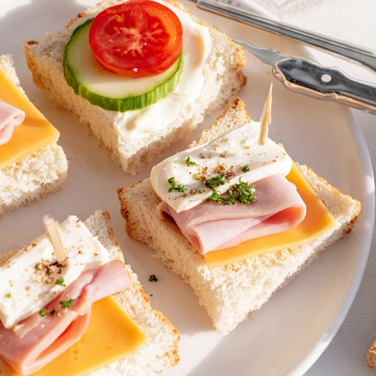 Mini Sandwiches arranged on platter, soft bread, cucumber, tomato, fresh herbs.