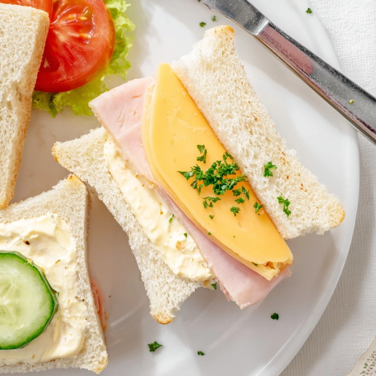 Close-up of Mini Sandwiches, buttery bread edges trimmed, garnished with pickles.