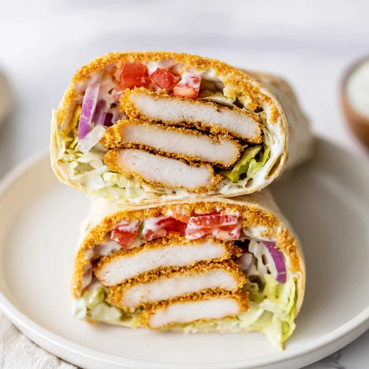 Crispy Chicken Ranch Wrap sliced in half, golden tenders and crunchy lettuce