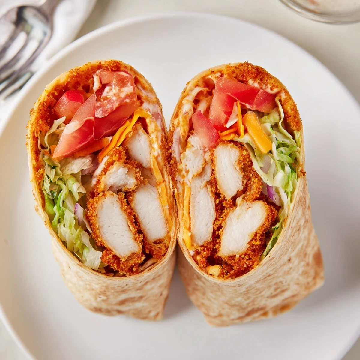 Generous bite shot of a Crispy Chicken Ranch Wrap with melty cheddar