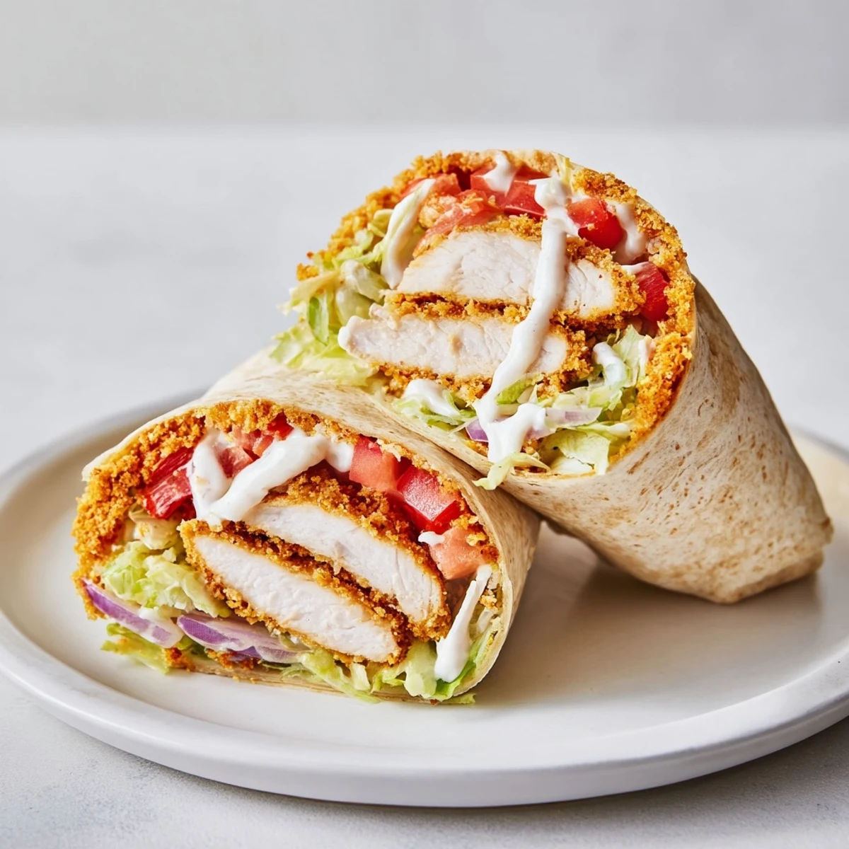 Plated Crispy Chicken Ranch Wrap beside fries, warm tortilla and crunchy panko