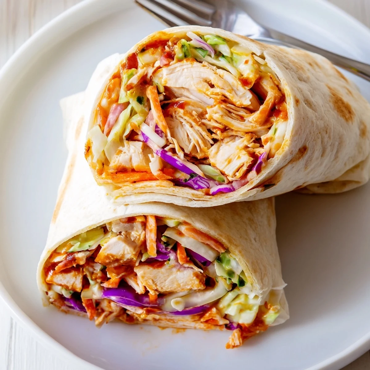 Handheld Bbq Chicken Coleslaw Wraps steaming slightly, served with sweet potato fries