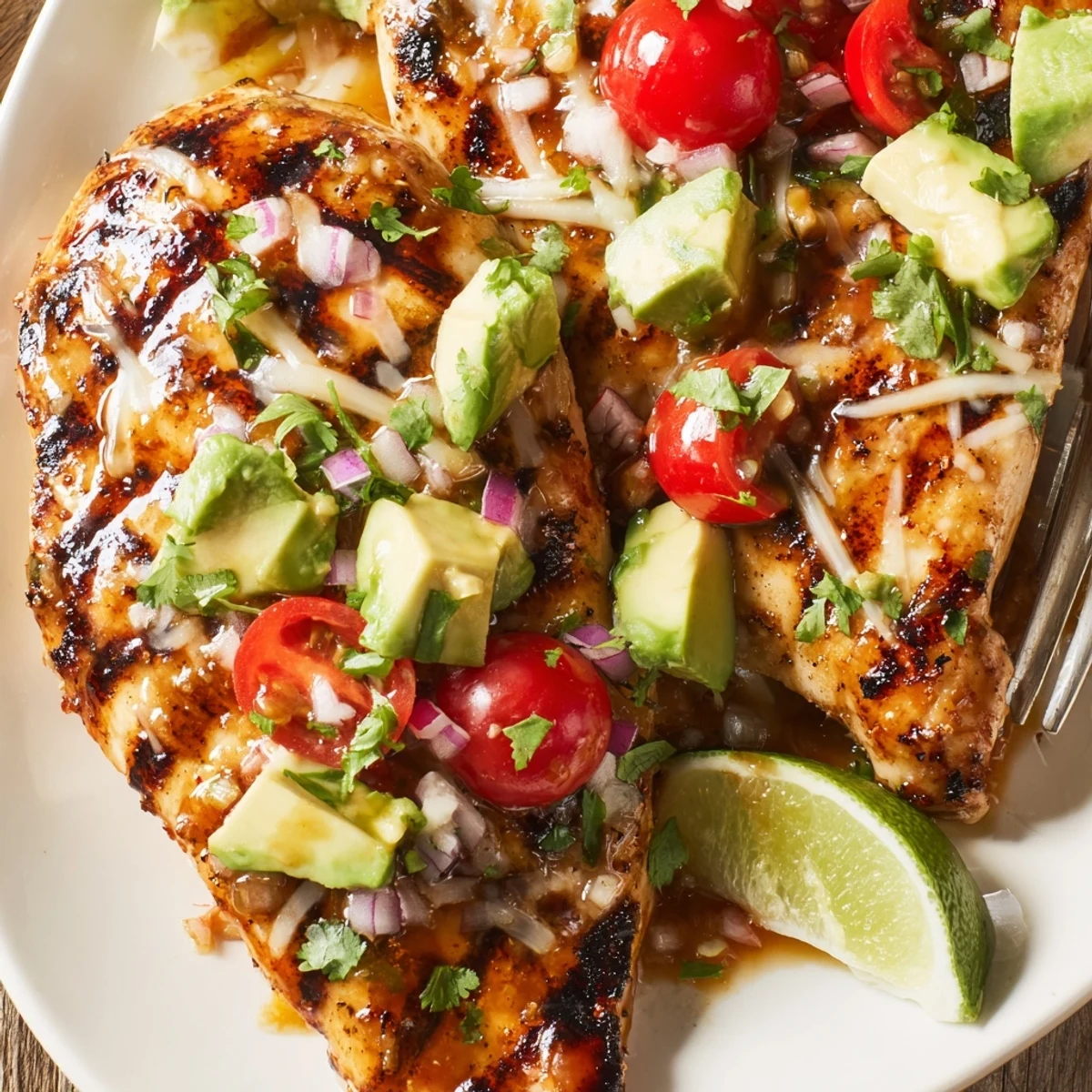 Charred Fiesta Lime Chicken With Avocado served with bright avocado tomato salsa