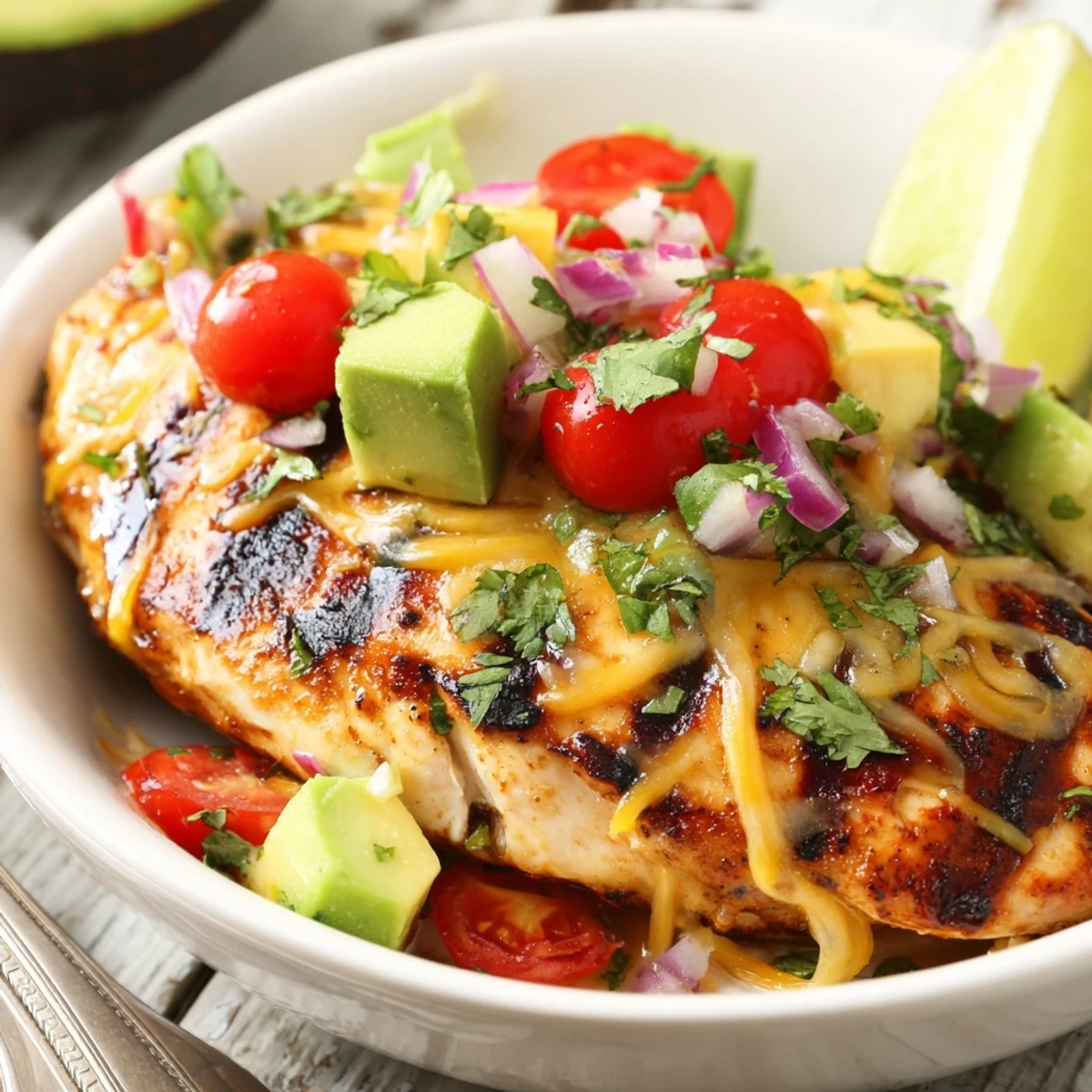 Pan grilled Fiesta Lime Chicken With Avocado garnished with cilantro and lime wedges