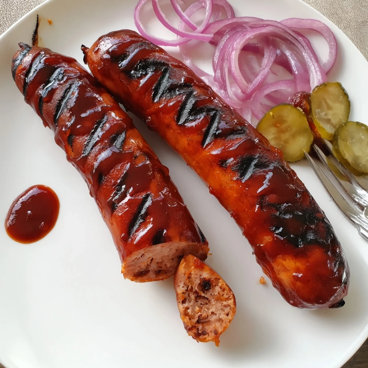 Family style BBQ Sausage Recipe sizzling on the grill, brushed golden brown