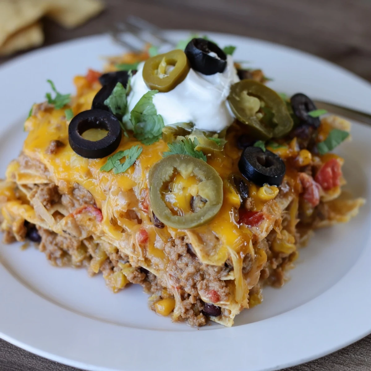 Cheesy Nacho Casserole bubbling golden, melted cheese over seasoned beef and chips