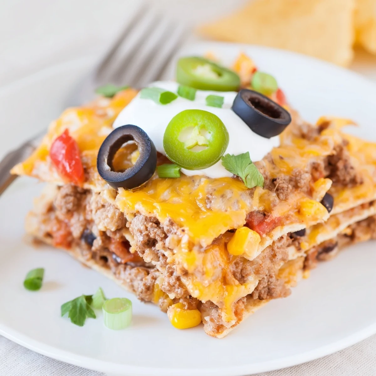 Warm Cheesy Nacho Casserole topped with sour cream, cilantro, and sliced jalapeños