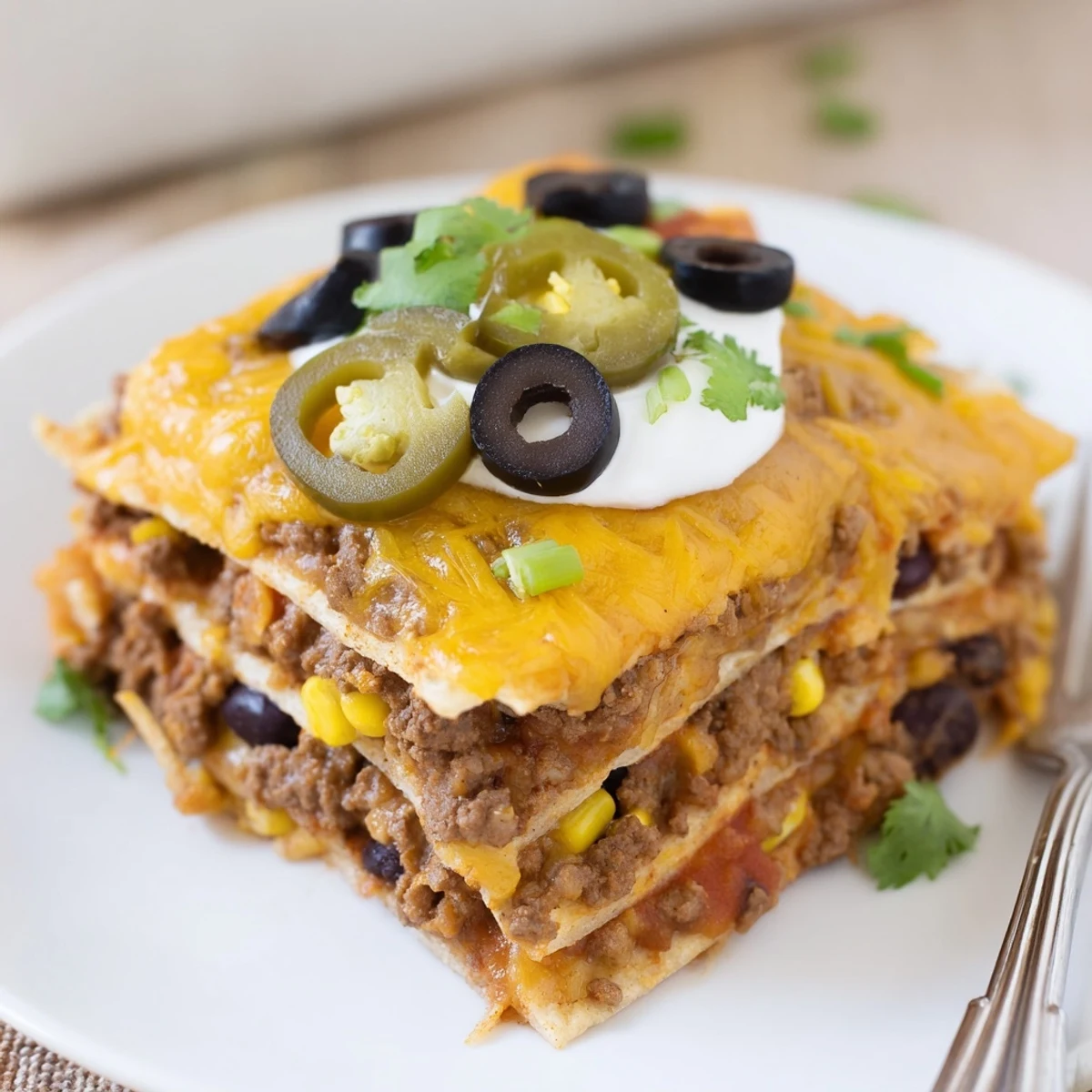 Layered Cheesy Nacho Casserole served straight from oven, crispy chips, gooey cheese