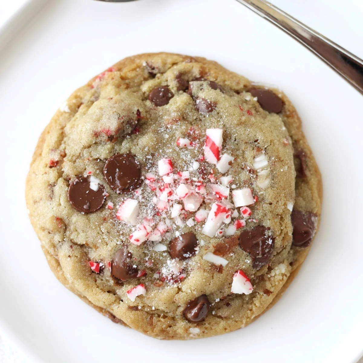 Peppermint Chocolate Chip Cookies arranged on parchment, glossy chips and crushed candy  