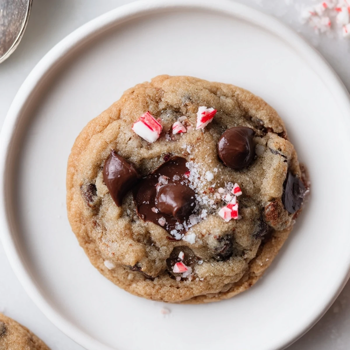 Warm Peppermint Chocolate Chip Cookies with melty chips, garnished with crushed peppermint  