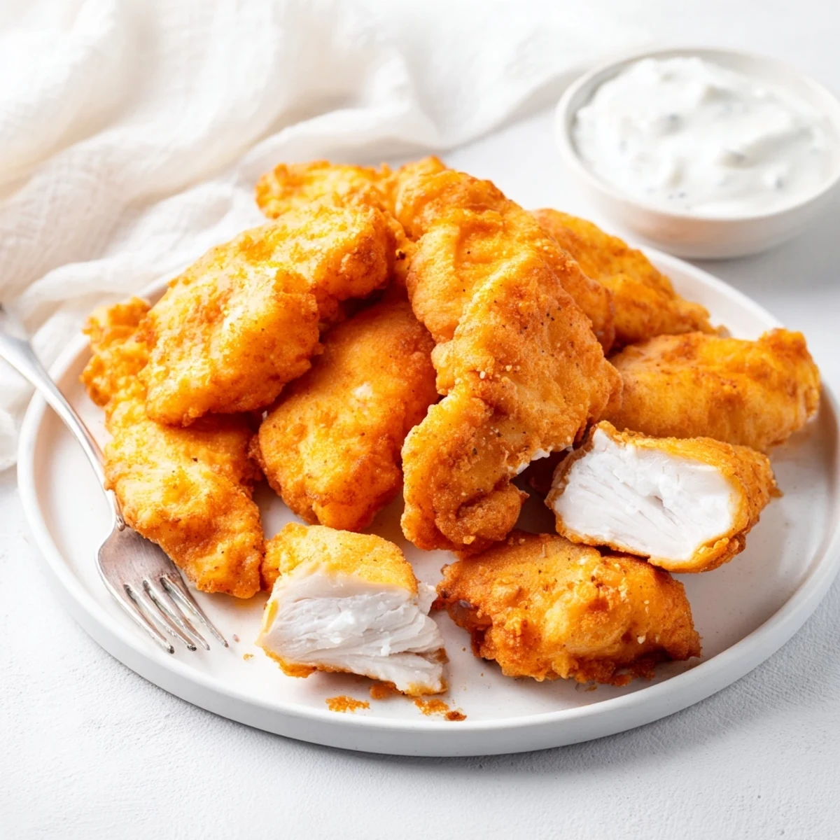 Golden, crispy Chicken Bites piled on a plate with ranch dip