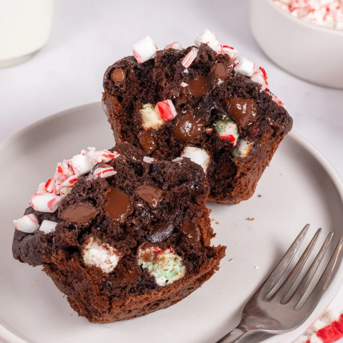Peppermint Hot Chocolate Muffins on a rack, glossy chips and minty aroma