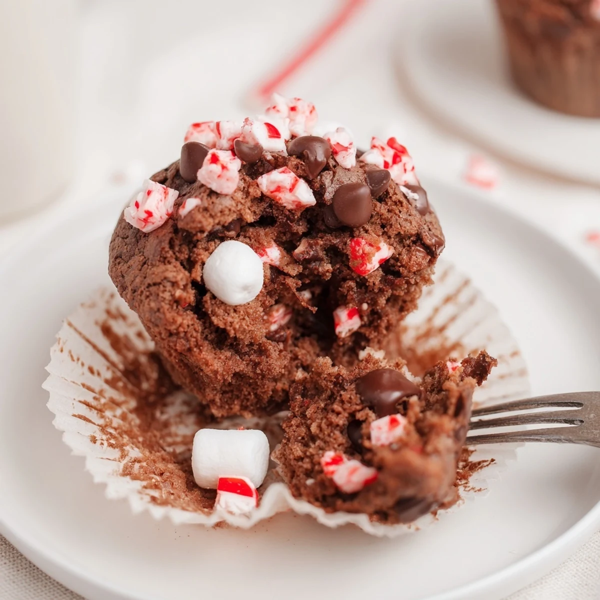 Warm Peppermint Hot Chocolate Muffins topped with mini marshmallows, steam rising