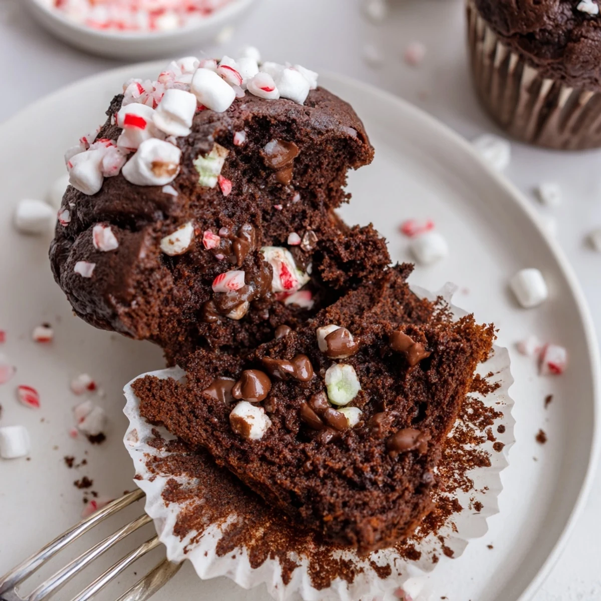 Plate of Peppermint Hot Chocolate Muffins, moist crumb, sprinkled crushed candy