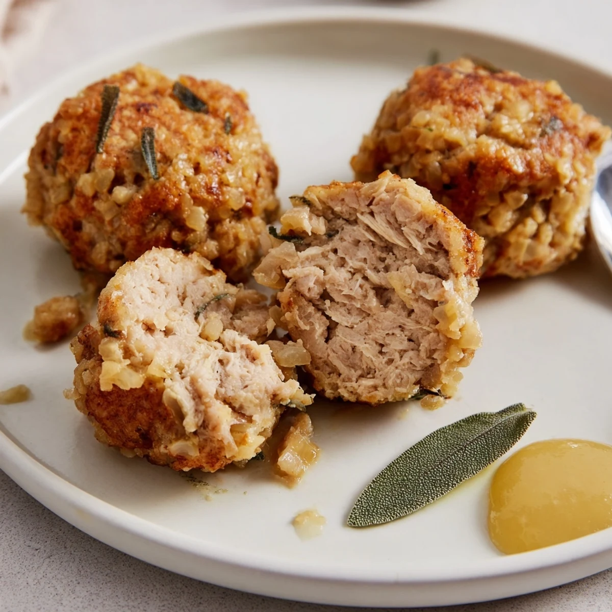 Warm Sage Onion Chicken Balls served with honey-mustard dip, tender and juicy