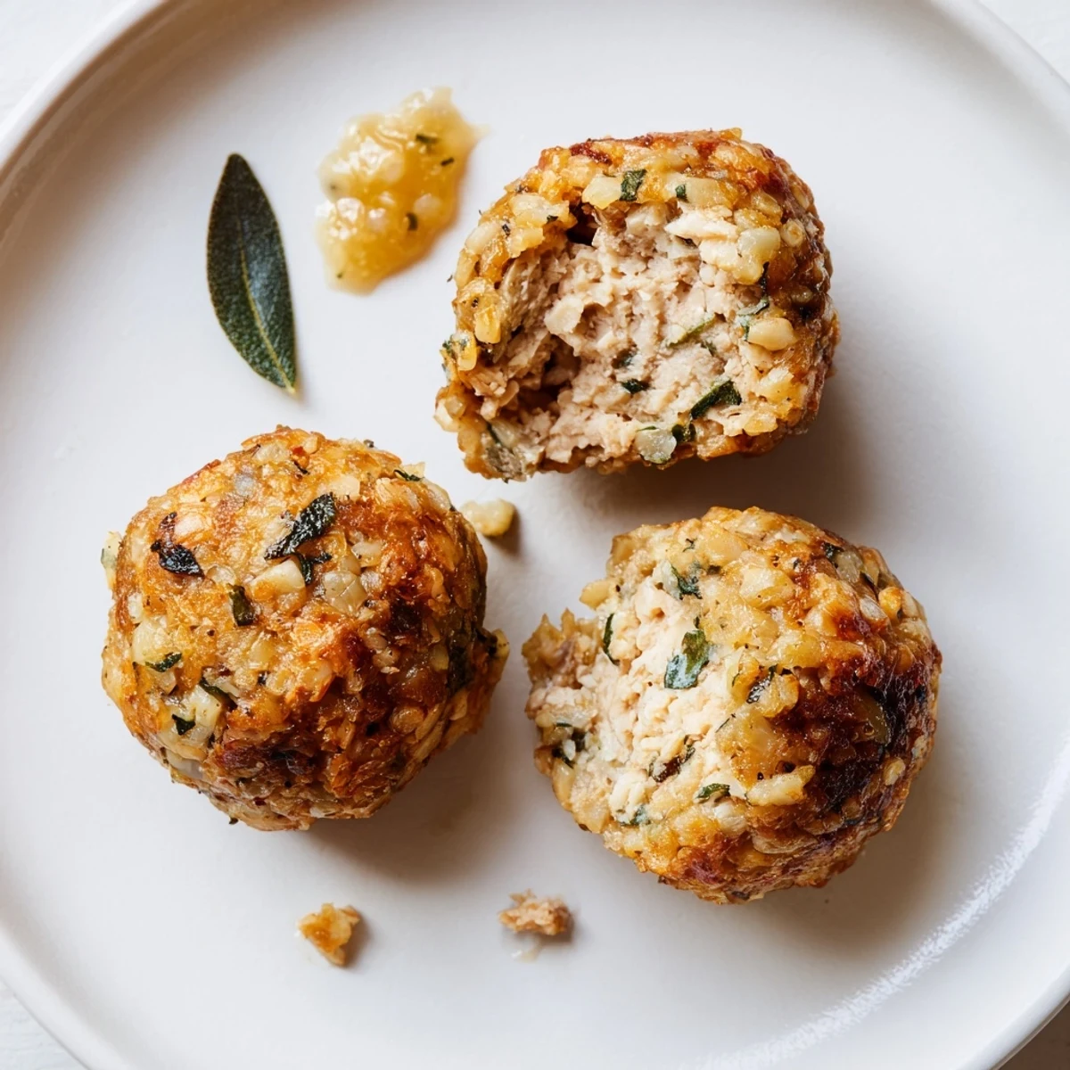 Tray of baked Sage Onion Chicken Balls beside roasted root vegetables, steaming