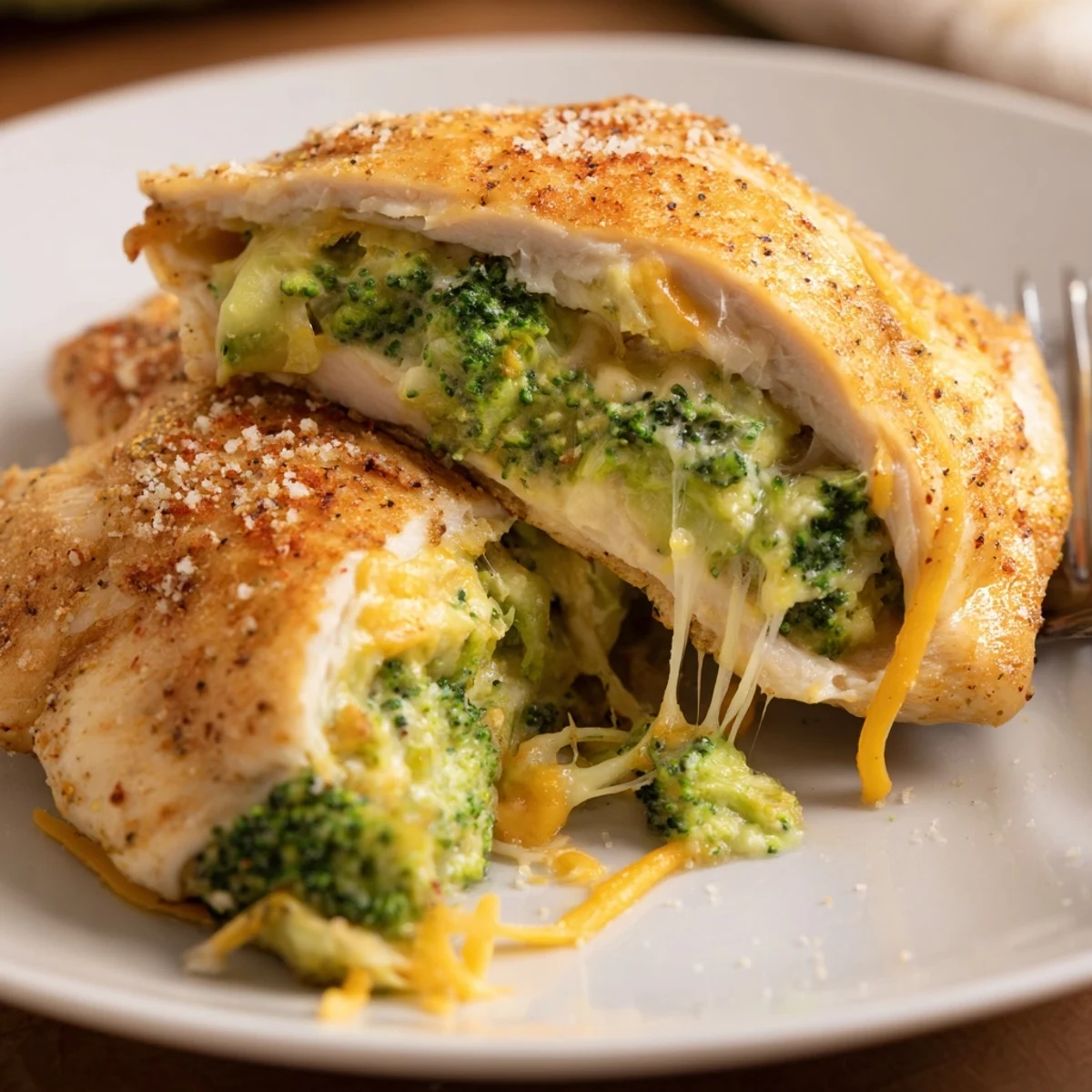 Broccoli Cheese Stuffed Chicken Breast with bubbling cheddar, golden baked exterior