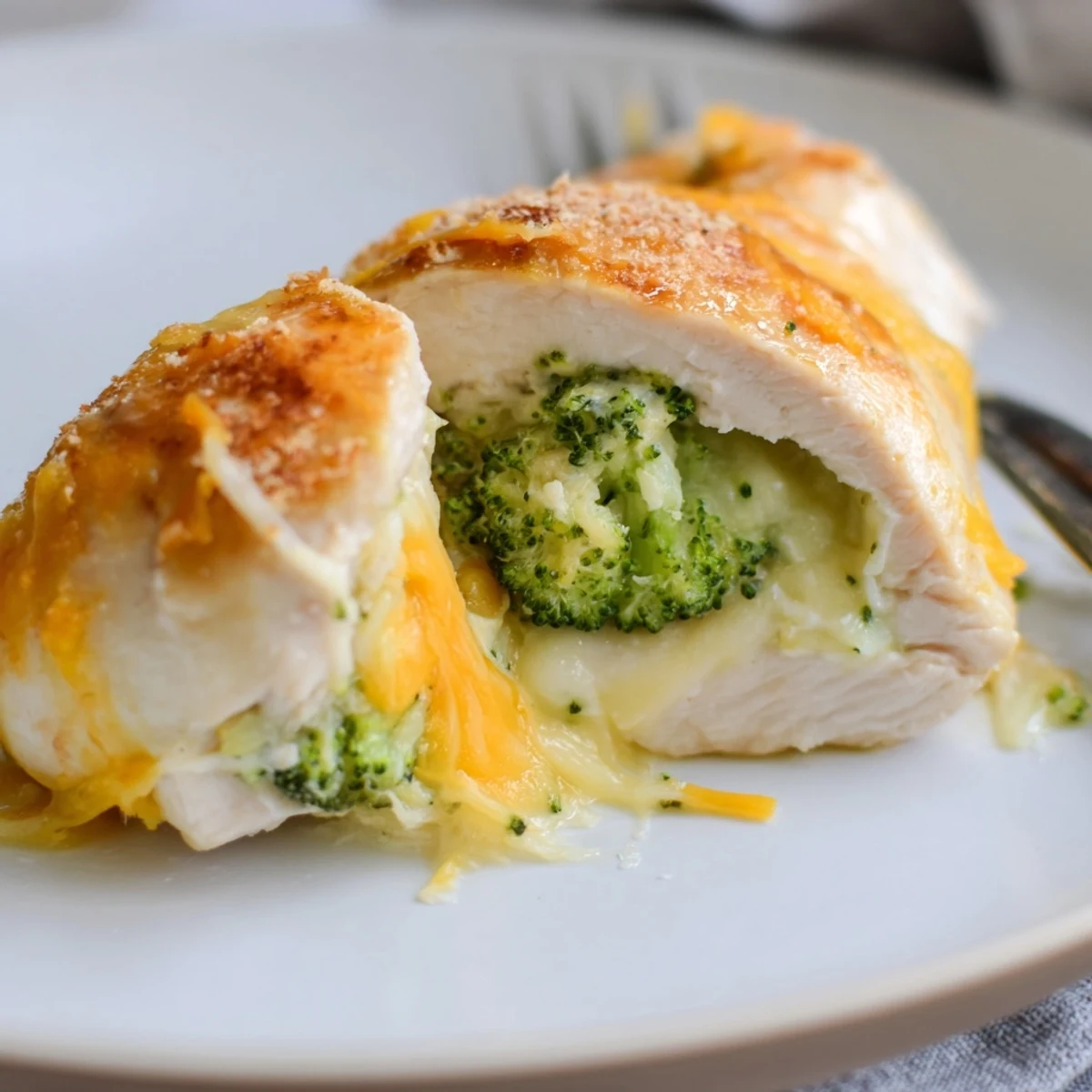 Sliced juicy Broccoli Cheese Stuffed Chicken Breast revealing creamy broccoli-cheese filling