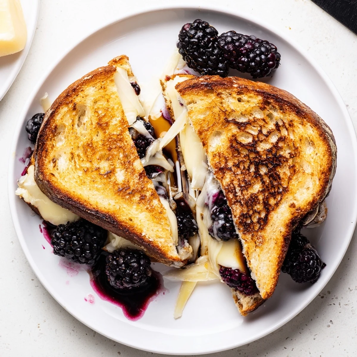 Balsamic Blackberry Bliss Grilled Cheese with melty brie, golden crust, juicy blackberries.