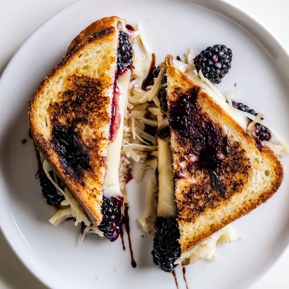 Warm Balsamic Blackberry Bliss Grilled Cheese sliced, balsamic glaze glistening, served hot.
