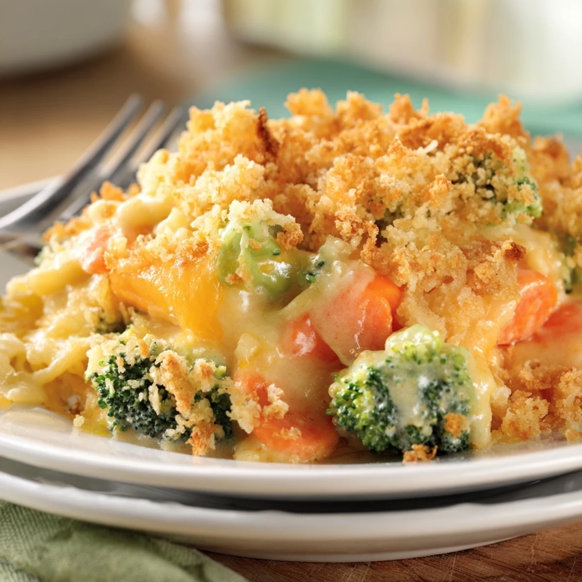 Comforting Cheese Bake Broccoli Carrots served warm beside roasted chicken, cheesy aroma