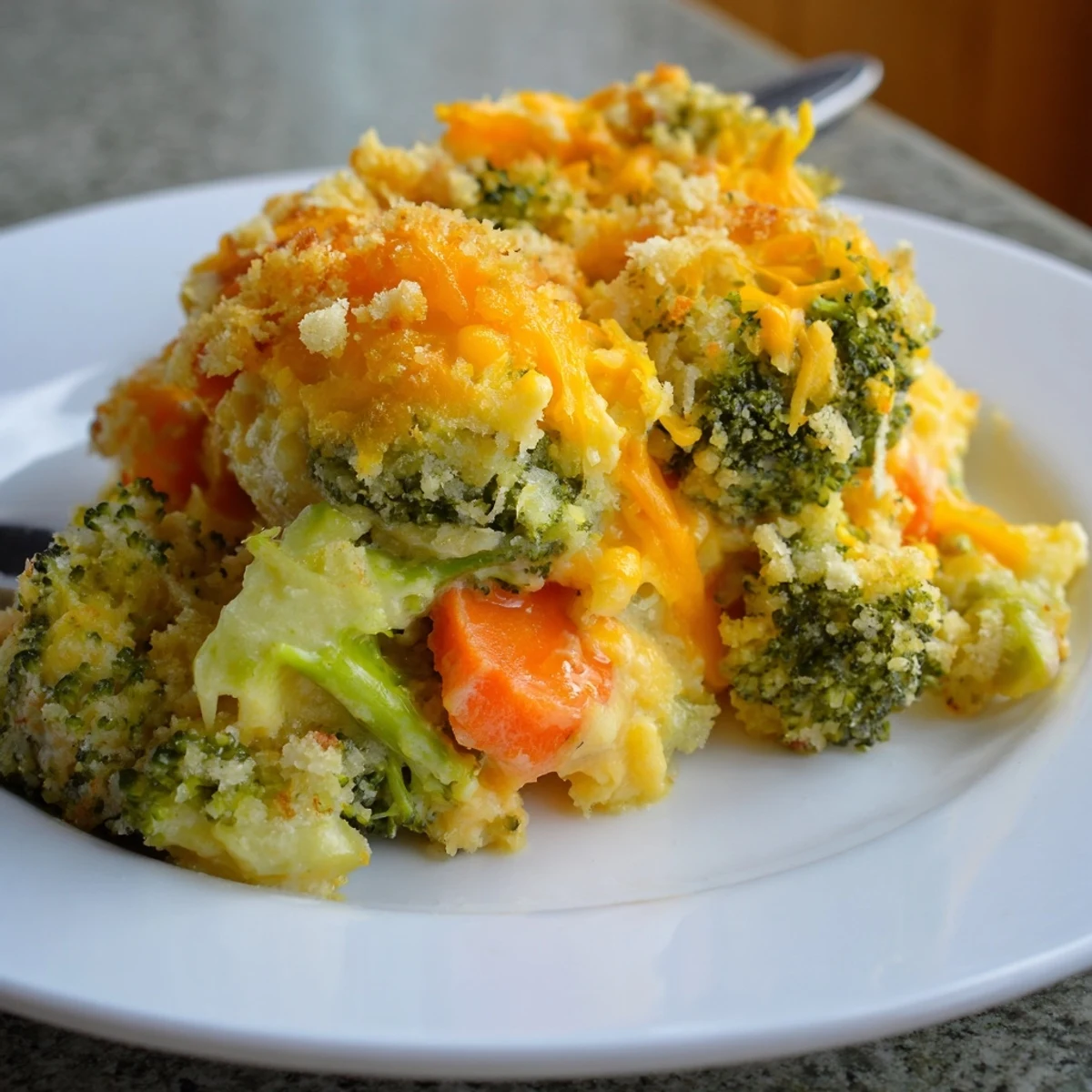 Ready to slice Cheese Bake Broccoli Carrots topped with crunchy panko, steaming hot