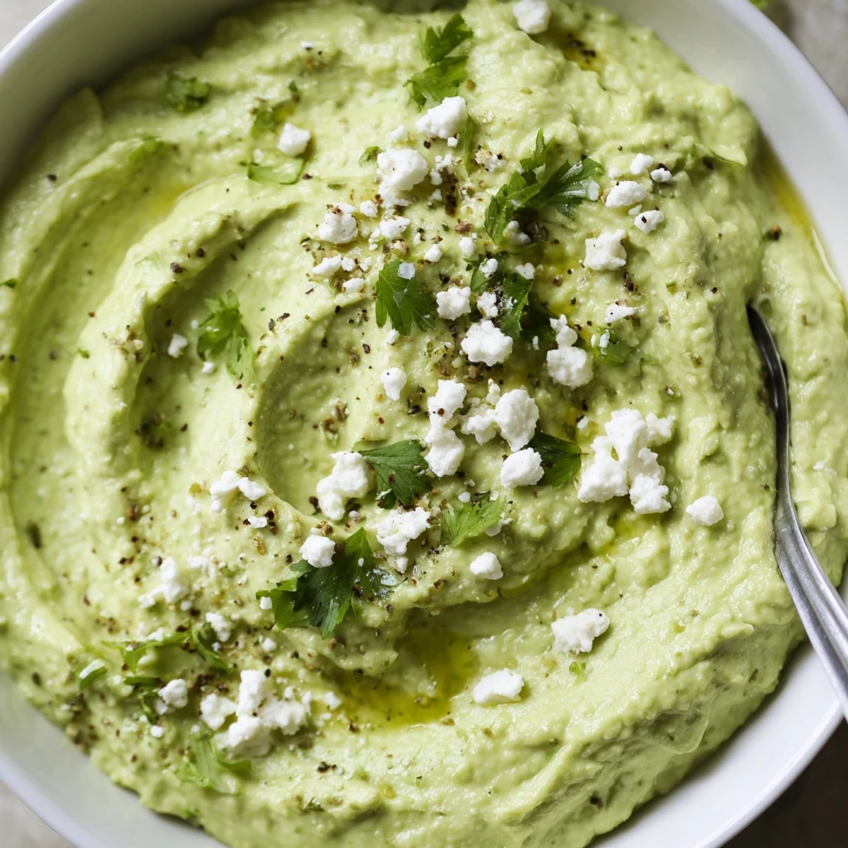 Creamy Avocado Feta Dip in bowl, smooth texture, drizzled olive oil, pita chips