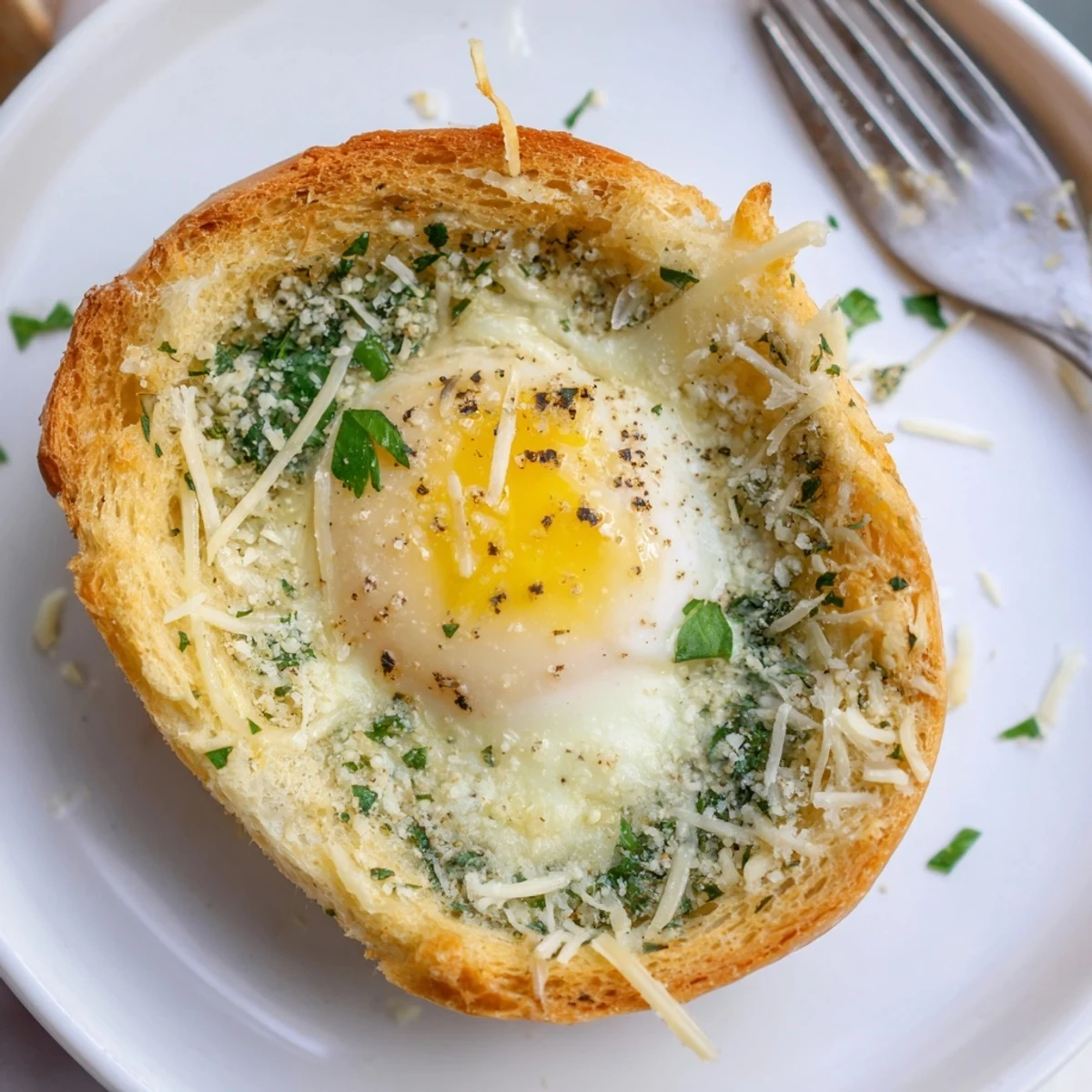 Crispy-edged Lazy Garlic Bread Egg Cups baked until set, sprinkled Parmesan