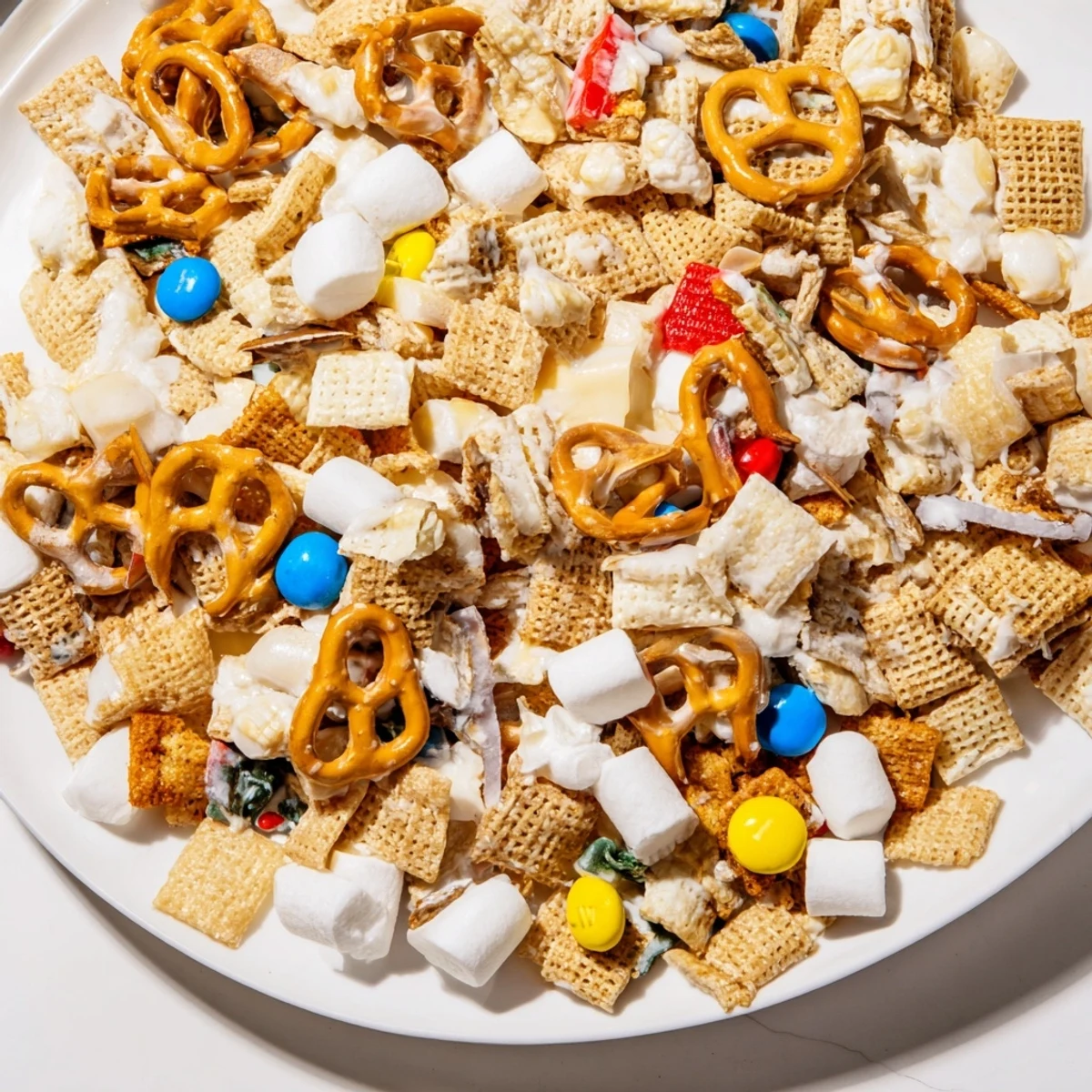 White Trash Snack Mix piled on parchment, glossy white chocolate coating, crunchy  
