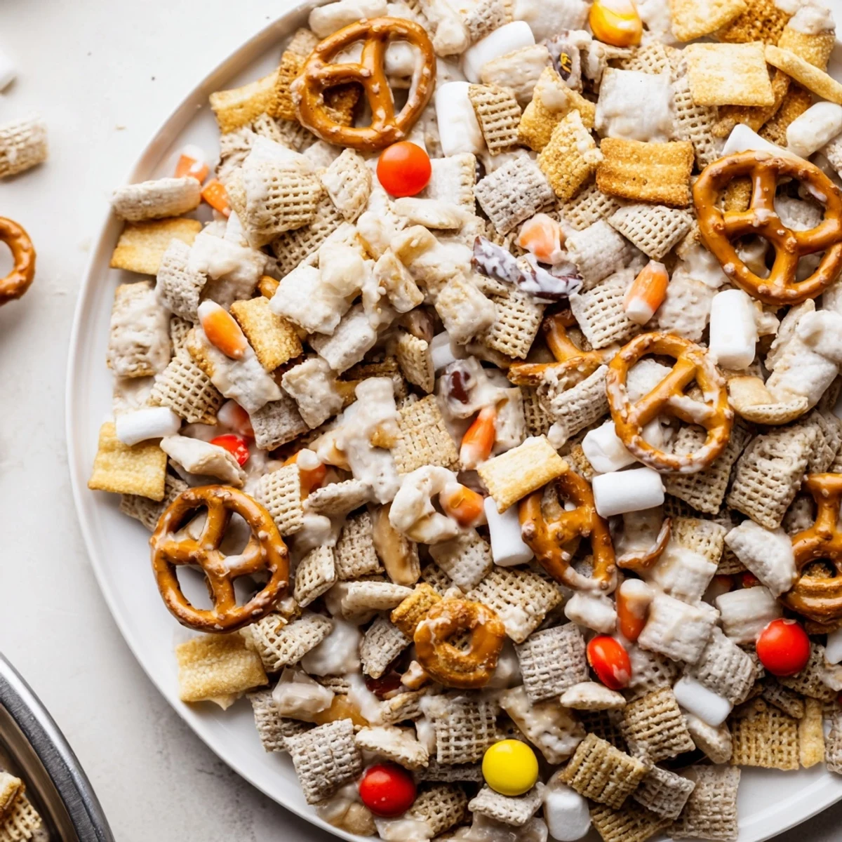 Close-up of White Trash Snack Mix chunks cooling on baking sheet, inviting