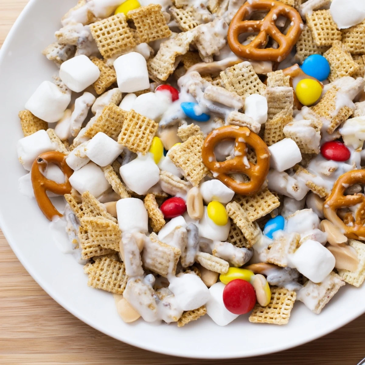 Bowl of White Trash Snack Mix with colorful M&M's, salty-sweet aroma  