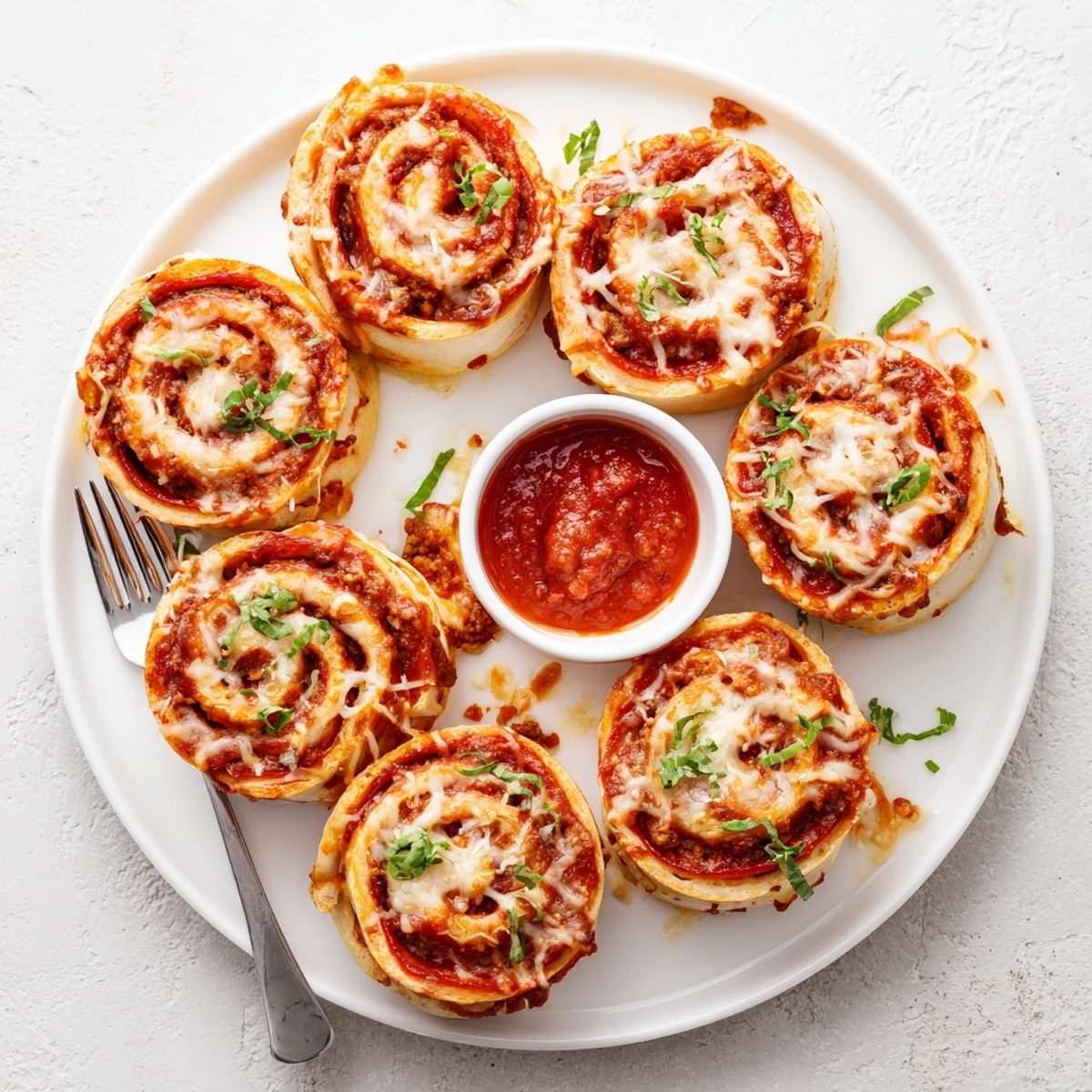 Golden, bubbly Cheesy Beef Pepperoni Pizza Roll Ups cooling on parchment, ready for dipping