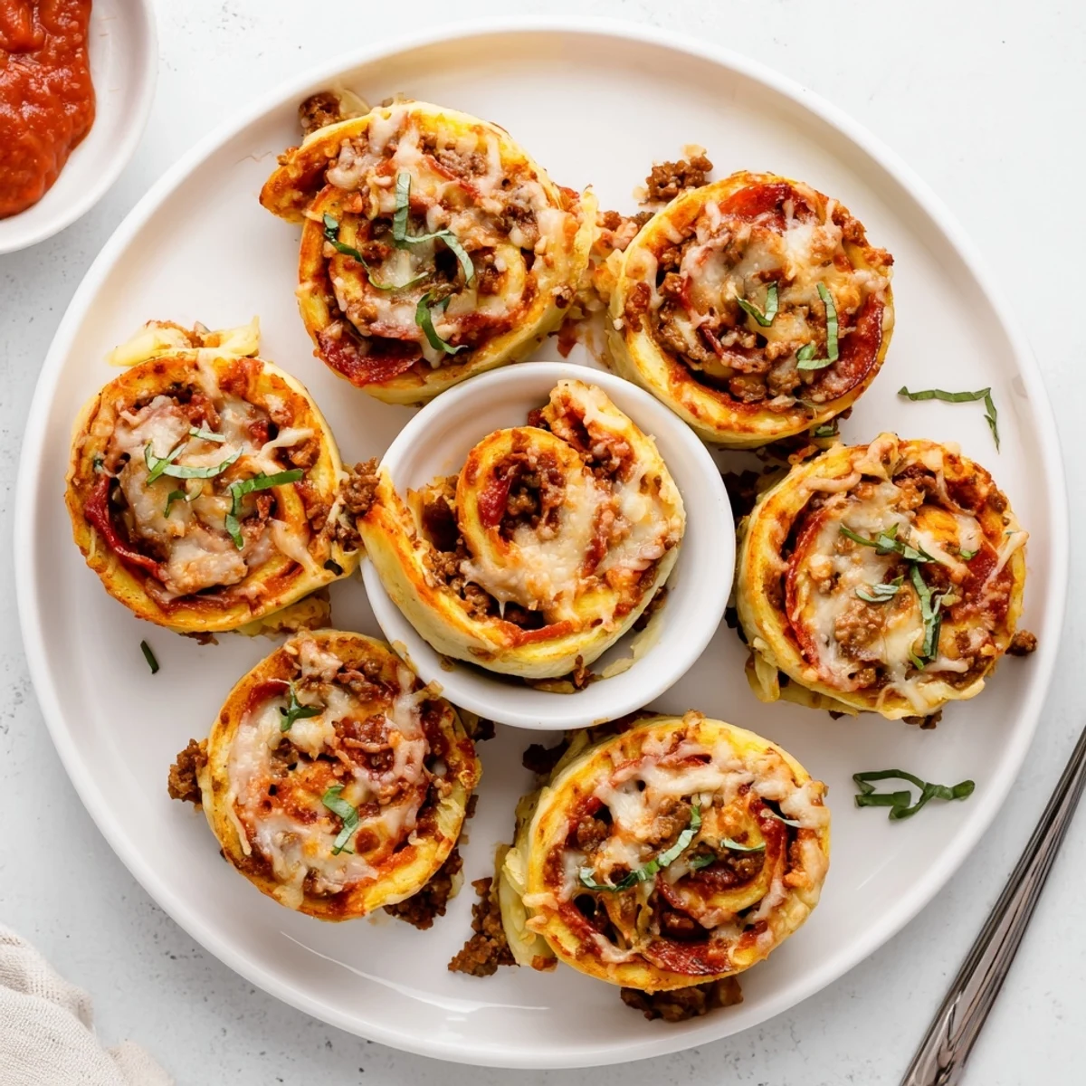 Hot Cheesy Beef Pepperoni Pizza Roll Ups with oozing cheese, served with marinara