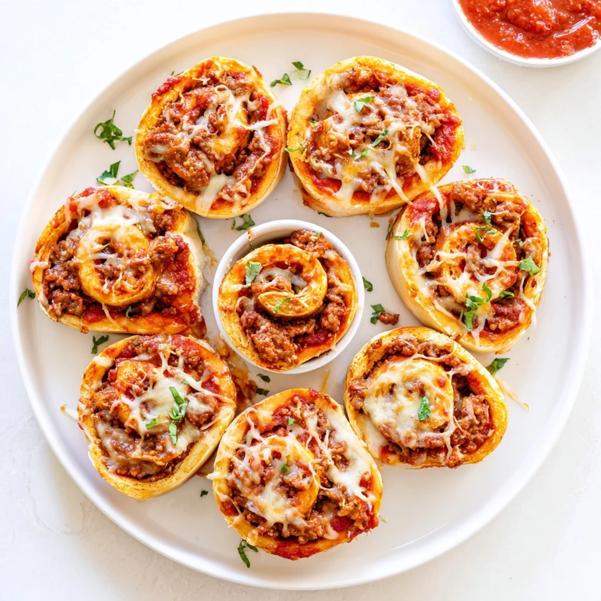 Baked Cheesy Beef Pepperoni Pizza Roll Ups on a sheet, garnished with basil
