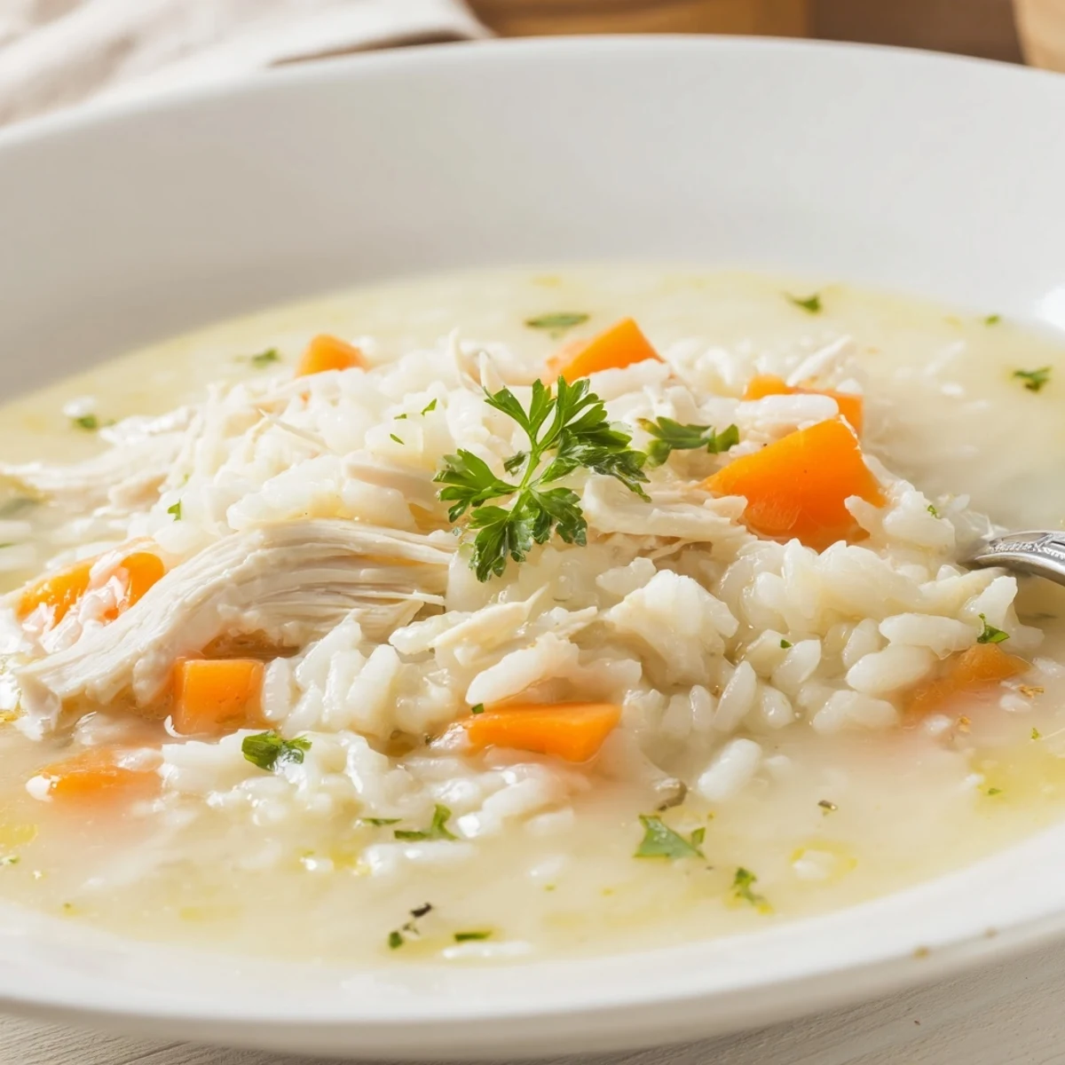 Creamy Chicken Rice Soup steaming in a bowl, savory aroma, carrots