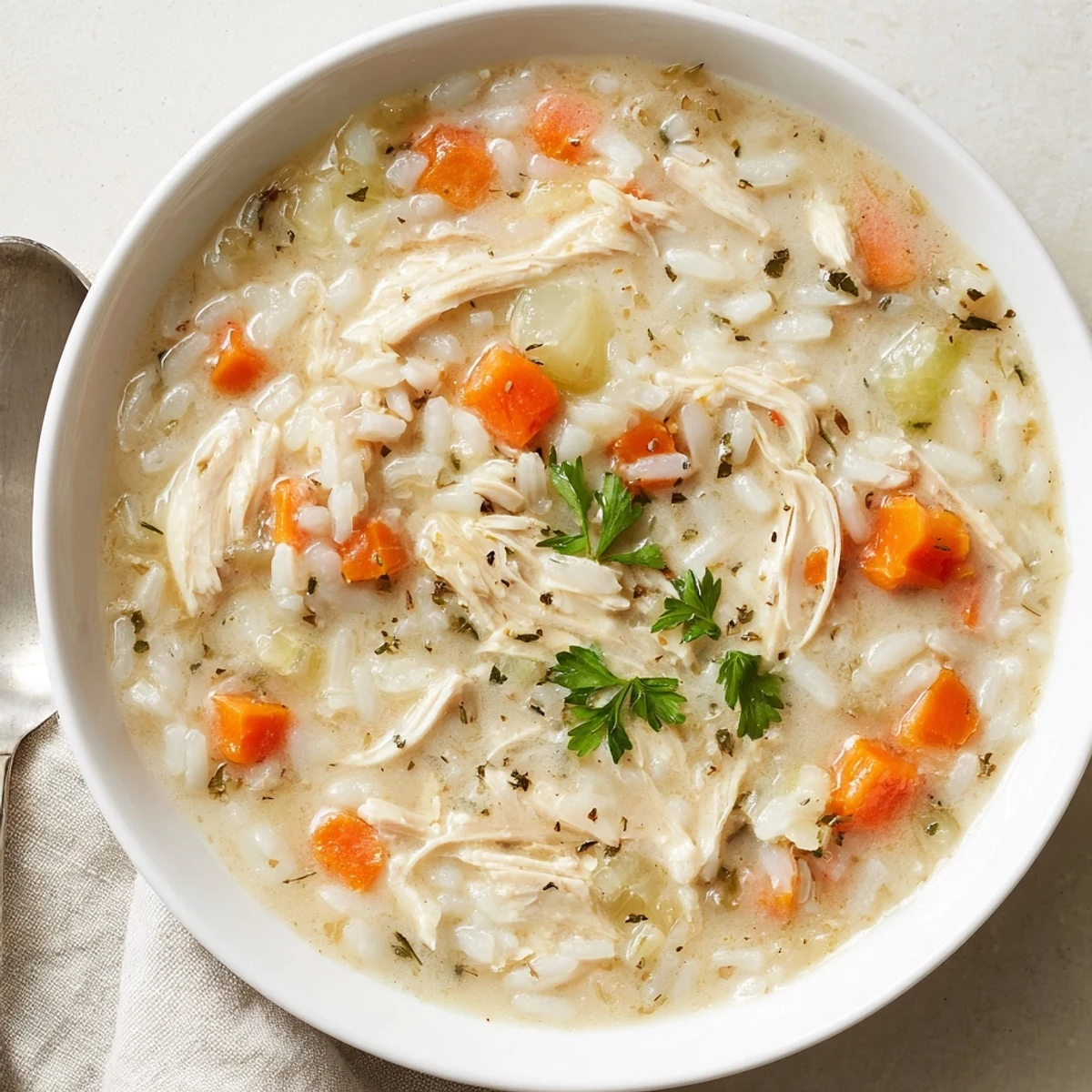 Spoon lifting Creamy Chicken Rice Soup, thick broth clinging to tender chicken