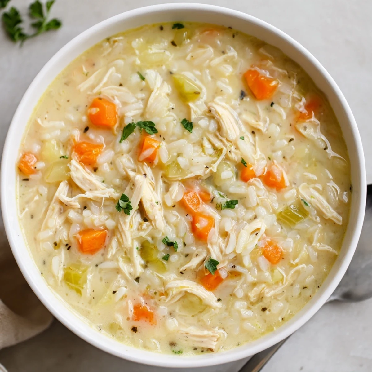 Warm bowl of Creamy Chicken Rice Soup, silky broth, tender rice, parsley