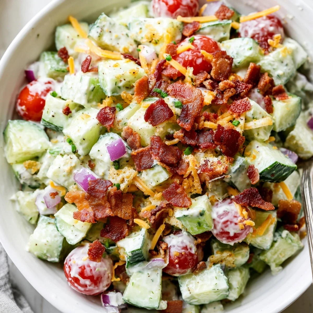 Cucumber Ranch Crack Salad piled in bowl, crunchy chips and smoky bacon