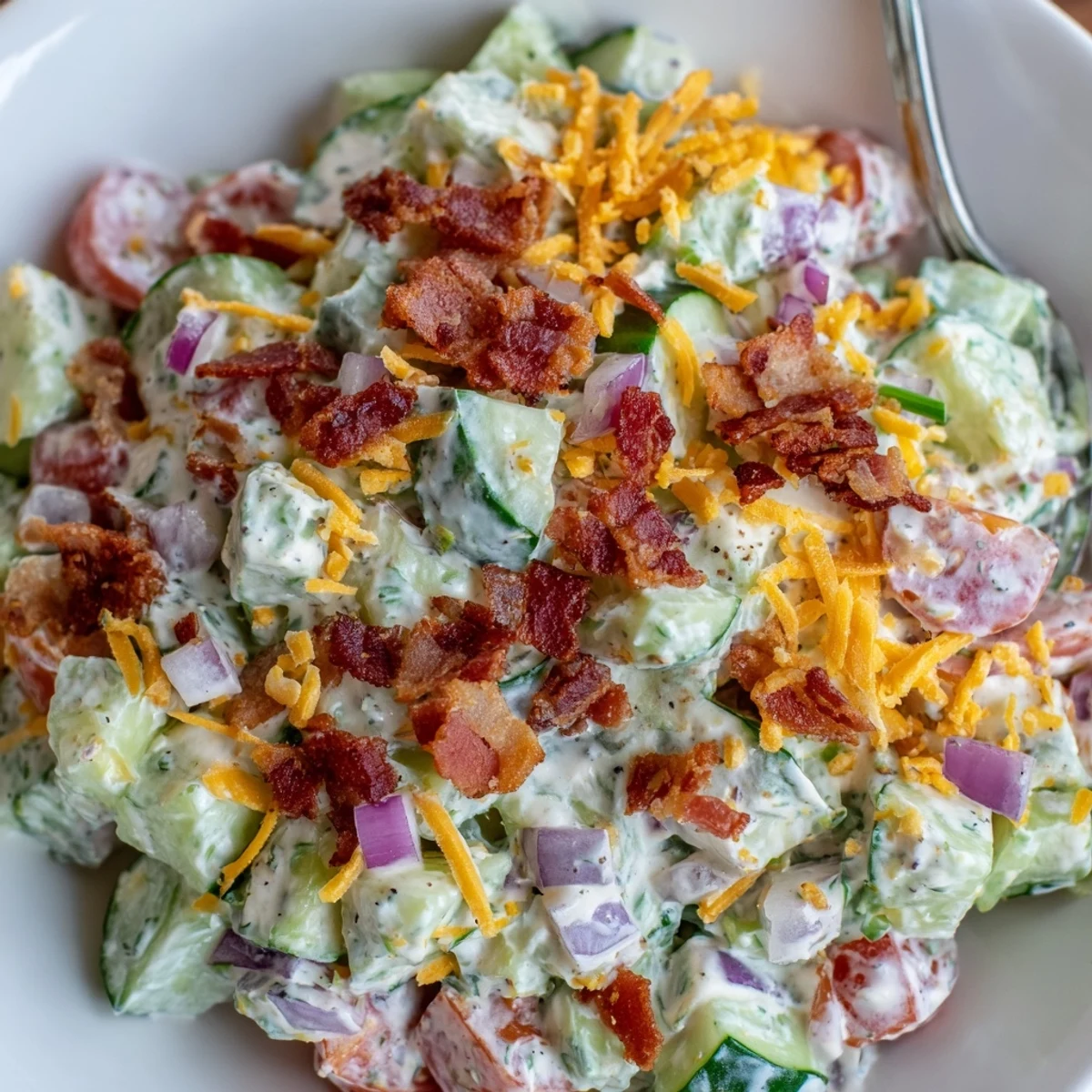 Chilled Cucumber Ranch Crack Salad with creamy dressing, sharp cheddar, fresh chives