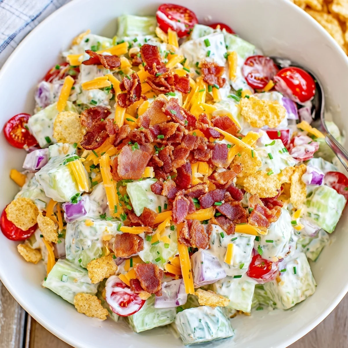 Potluck ready Cucumber Ranch Crack Salad topped with crumbled bacon and chips