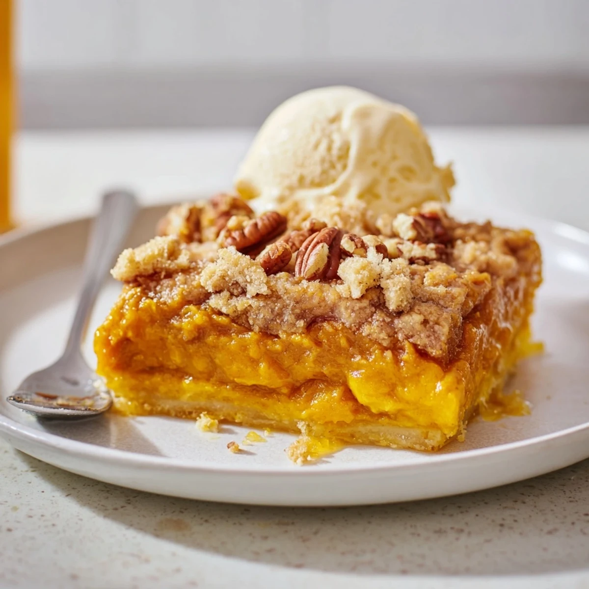 Warm Pumpkin Dump Cake bubbling with spiced pumpkin, buttery pecan crunch