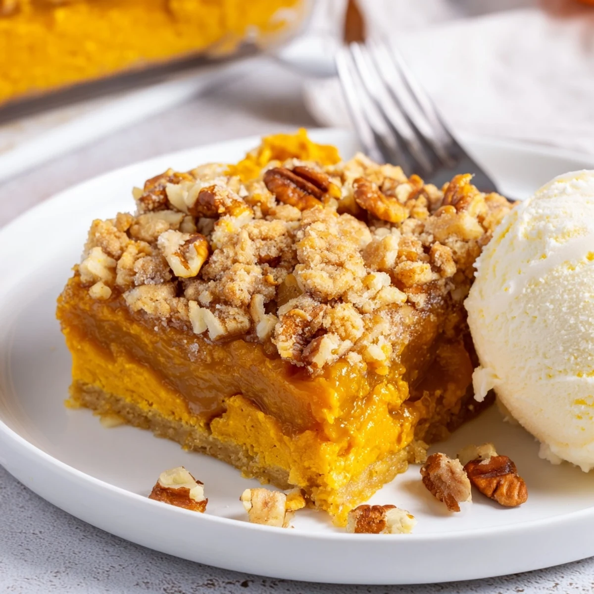 Sliced Pumpkin Dump Cake on plate, topped with melting vanilla ice cream
