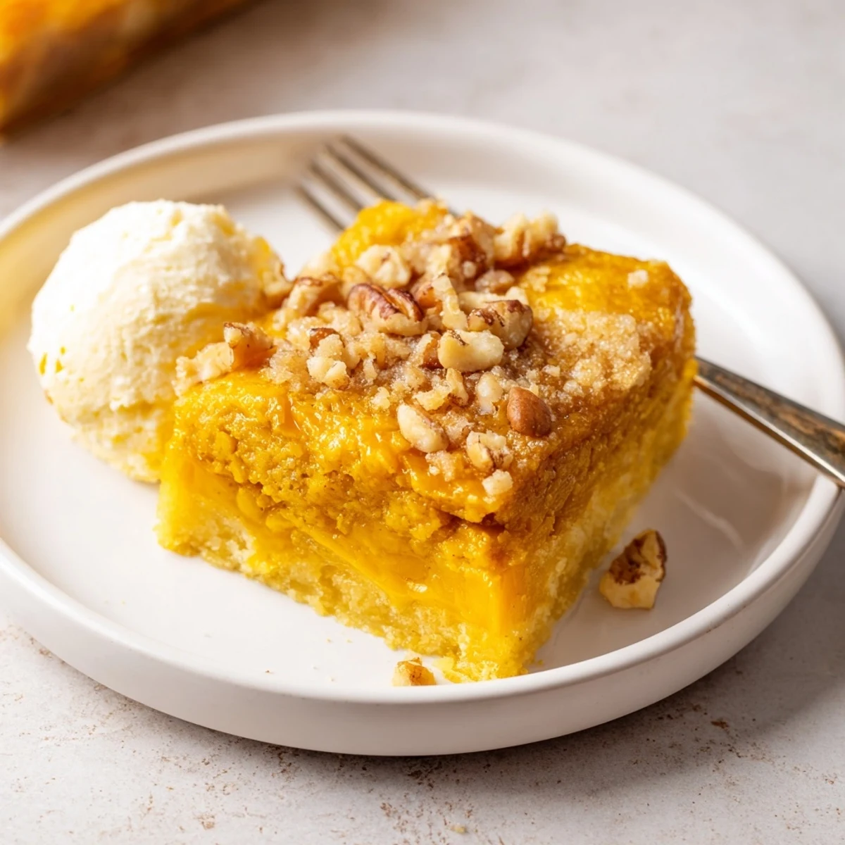 Golden Pumpkin Dump Cake cooling in pan, cinnamon scented aroma filling kitchen