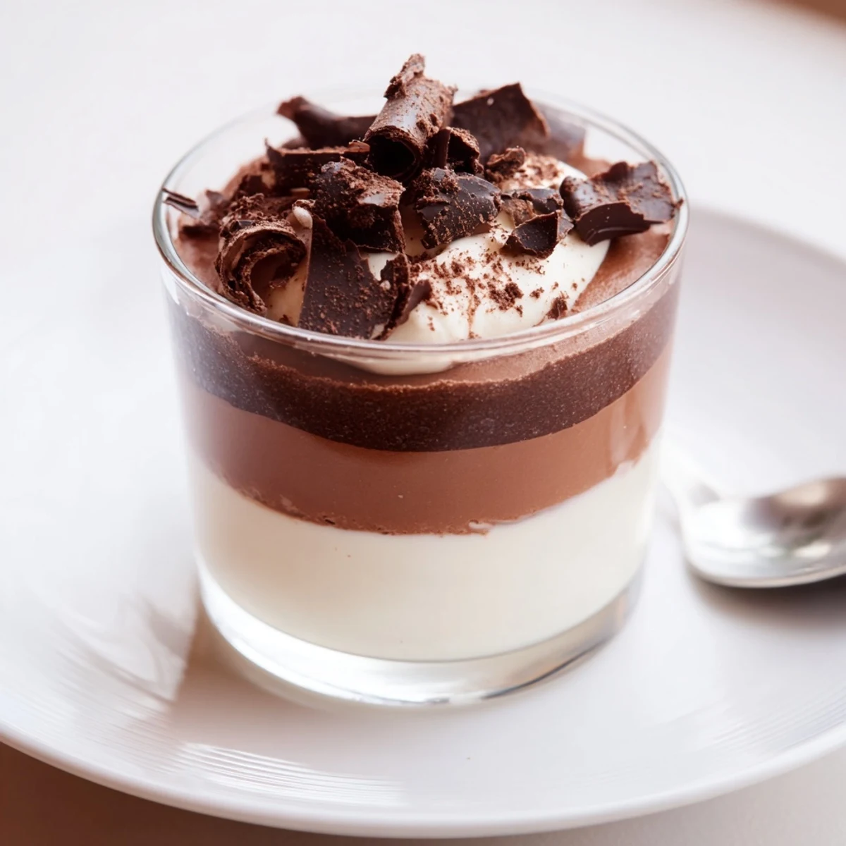 Individual Triple Chocolate Mousse Cups chilled, creamy layers topped with shaved chocolate.