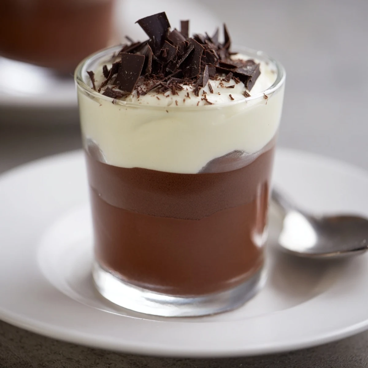 Triple Chocolate Mousse Cups layered in glass, silky dark, milk, white mousses.