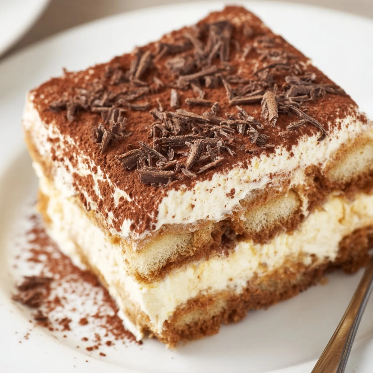 Decadent Tiramisu Recipe plated with cocoa dusting and dark chocolate shavings