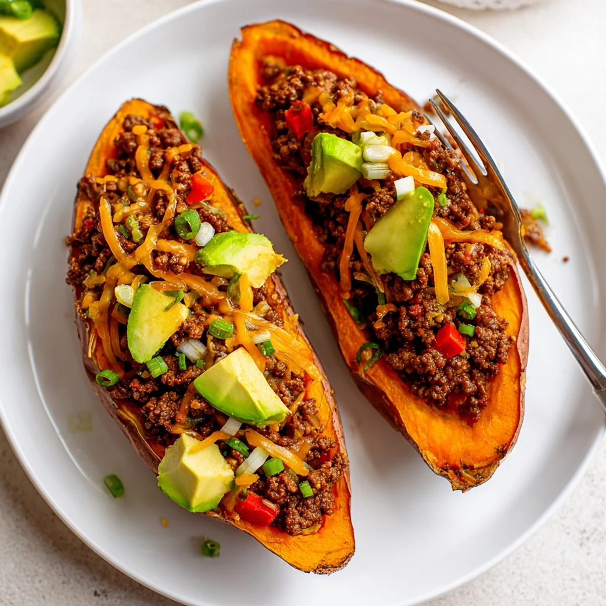 Roasted, caramelized skins hold Hot Honey Ground Beef Sweet Potato Boats Healthy Weeknight Dinner