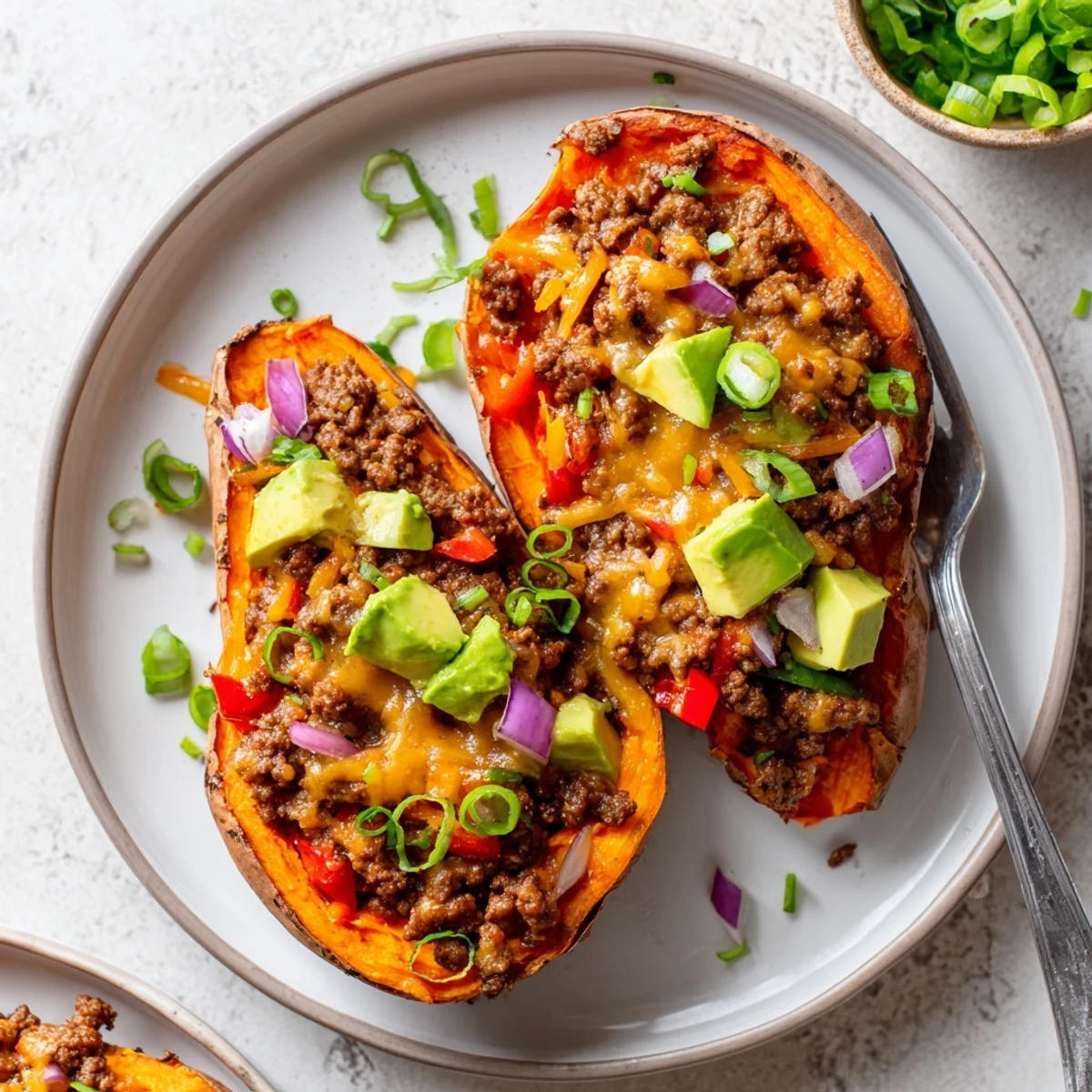 Spoon filled Hot Honey Ground Beef Sweet Potato Boats Healthy Weeknight Dinner, rich aroma